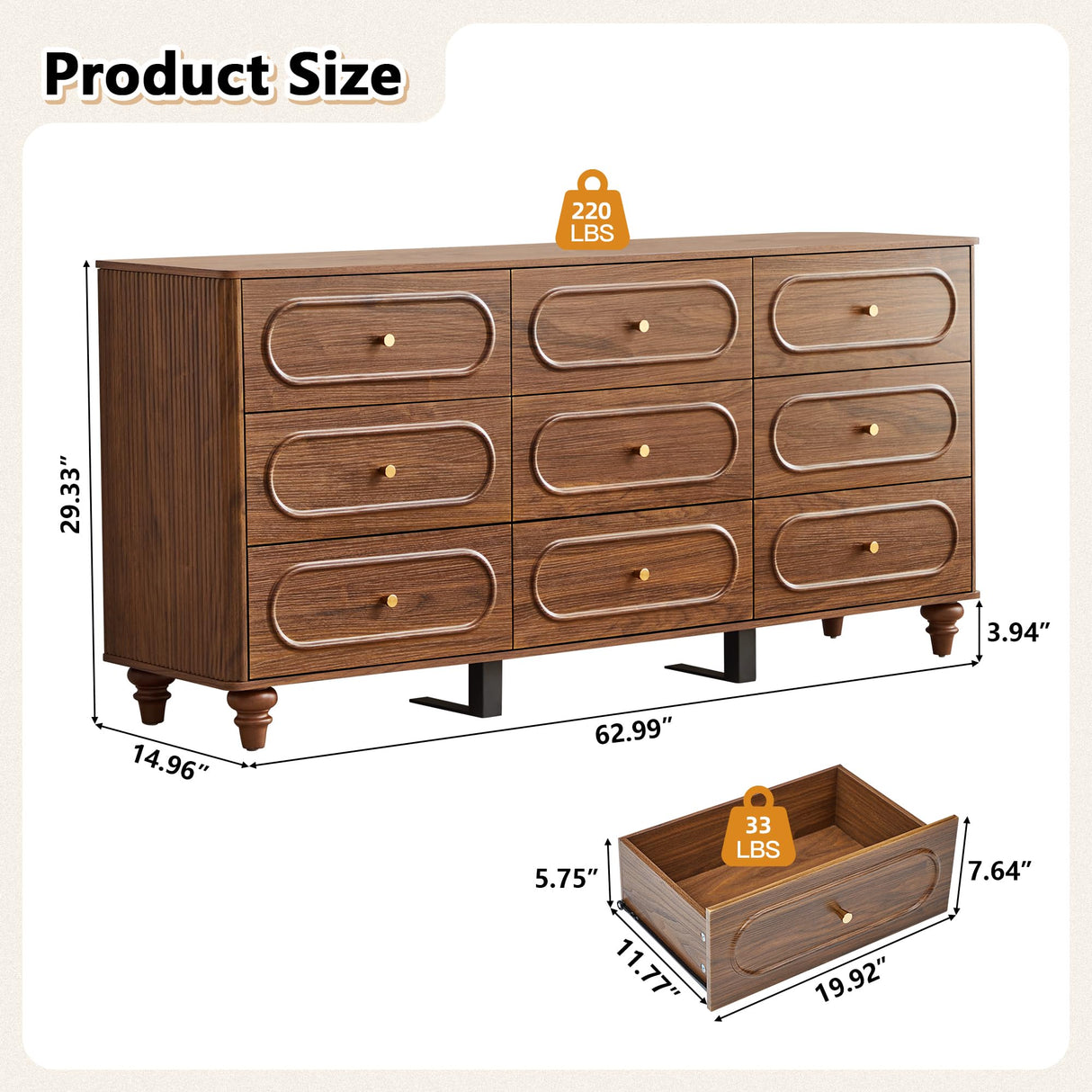 ORRD 9 Drawer Fluted Dresser for Bedroom, Mid Century Modern Chest of Drawers, Wood Storage Small Dresser Organizer for Bedroom Living Room Hallway Closet, Walnut ORRD
