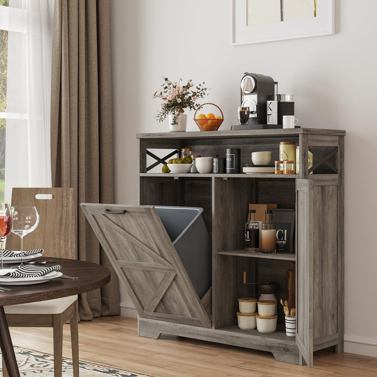 Befrases Tilt Out Trash Can Cabinet for 13 * 1 Gallon Trash Can, Farmhouse Kitchen Island Cabinet with Adjustable Shelf for Hidden Laundry Basket, Dog Proof Garbage Can for Dining Living Room, Grey Befrases