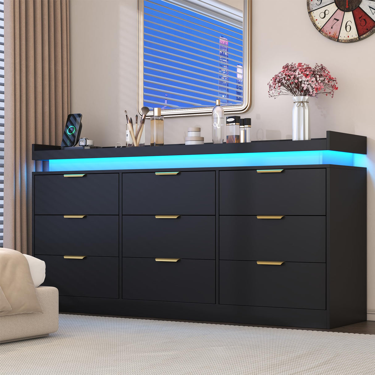 9 Drawer Dressers for Bedroom, Black Dresser with LED Lights and Power Outlet, Large Dresser Wooden Long Dresser, Double Wide Drawer Triple Dresser for Bedroom, Living Room, Entryway, Hallway knoworld