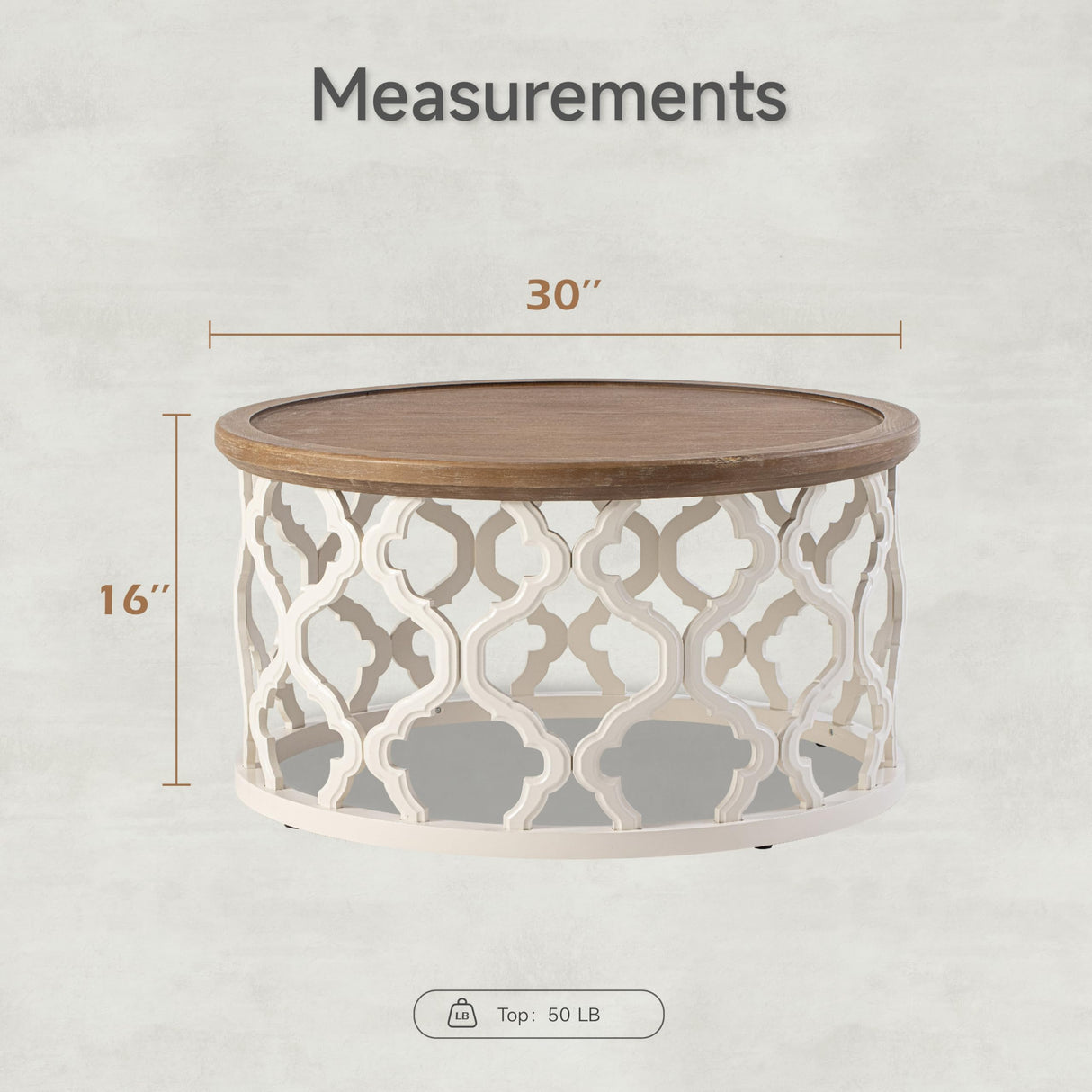 COZAYH Farmhouse Coffee Table, Distressed Tray Top Table with Curved Motif Frame Base for Boho, Rustic, French Country Decor, Round, White COZAYH