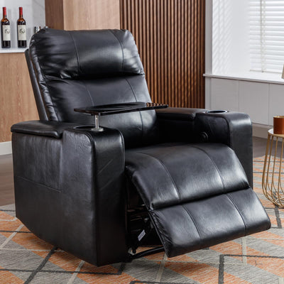 ANJ Power Recliner Chair with USB Ports, Faux Leather Home Theater Seating with Swivel Tray Table, Electric Movie Reclining Chairs with Cup Holders, Hidden Arm Storage (Black)