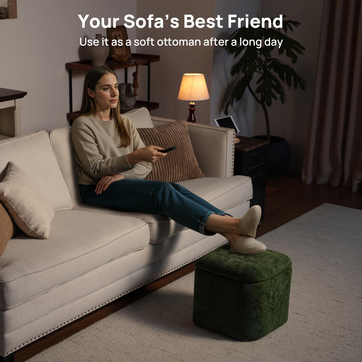 CHIC HOUSE Small Square Coffee Table with Storage, Mid-Century Modern Coffee Tables with 4 Chenille Ottomans Underneath, Center Table for Living Room, Apartment Small Space, Walnut CHIC HOUSE