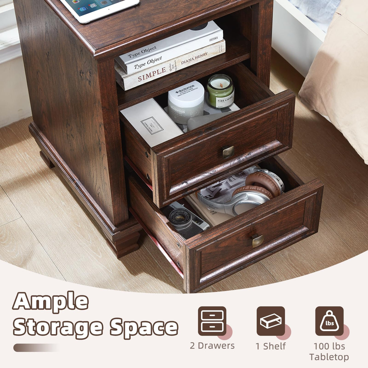 SAVOR LIFE Farmhouse Nightstand with Charging Station, Rustic Brown Nightstand,2 Drawers End Table for Living Room,Bedside Table with Open Shelf for Bed Room,Walnut SAVOR LIFE