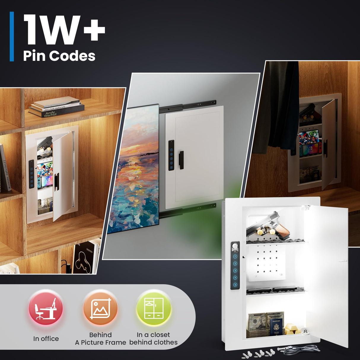 Grimtron Quick Access Wall Gun Safe with Removable Pegboard & Shelfs, Flat Hidden White Wall Safes Between the Studs 16" Centers, Wall Mount Safe for Handgun, Clips, Valuables Grimtron