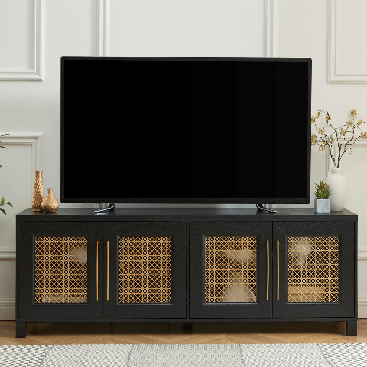 JYED Mid Century Modern TV Stand for TVs up to 75", with Gold Hollow Metal Mesh Decorated, Boho TV Console with Storage Cabinets, Black TV Stand for Living Room, 69.5"x15.6"x24.8" JYED DECOR