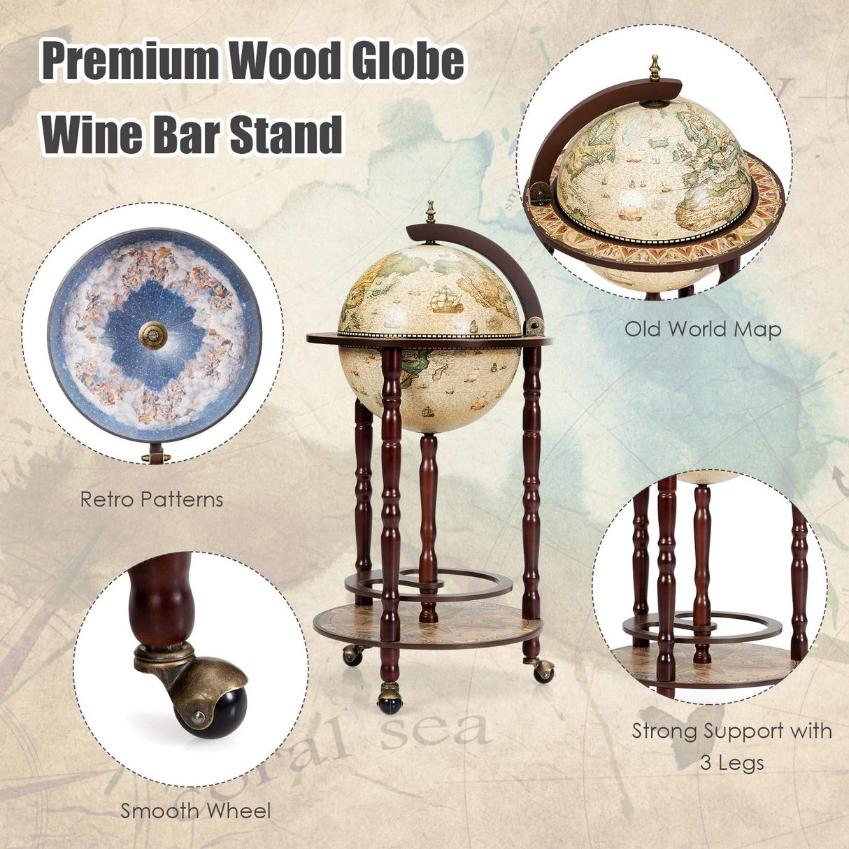 LDAILY Globe Bar, 17.5’’ Wood Antique Wine Bar Stand with Wheels, Bottom Shelf & Old World Map, 16 Century Italian Replica Globe Bar Liquor Cabinet, Large Capacity Bar Cart for Home, Restaurant, Party LDAILY