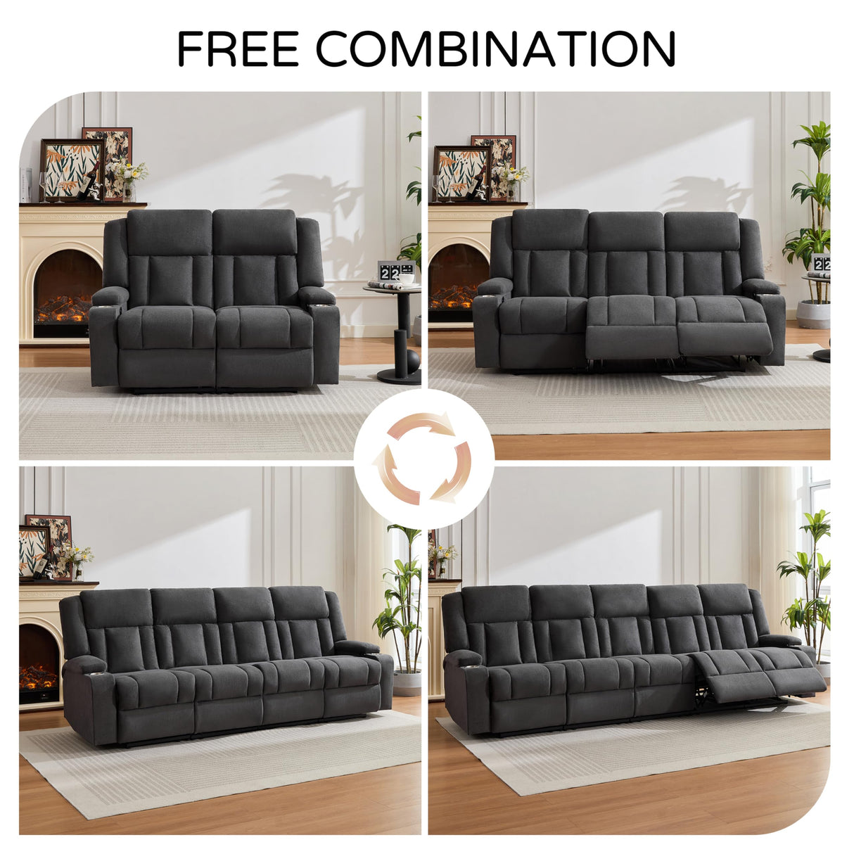 AIWOEN Recliner Sofa with Cup Holders, 4-Seater Fabric Reclining Couch, Manual Recliner Wall Hugger for Living Room, Home Theater (Dark Gray) AIWOEN