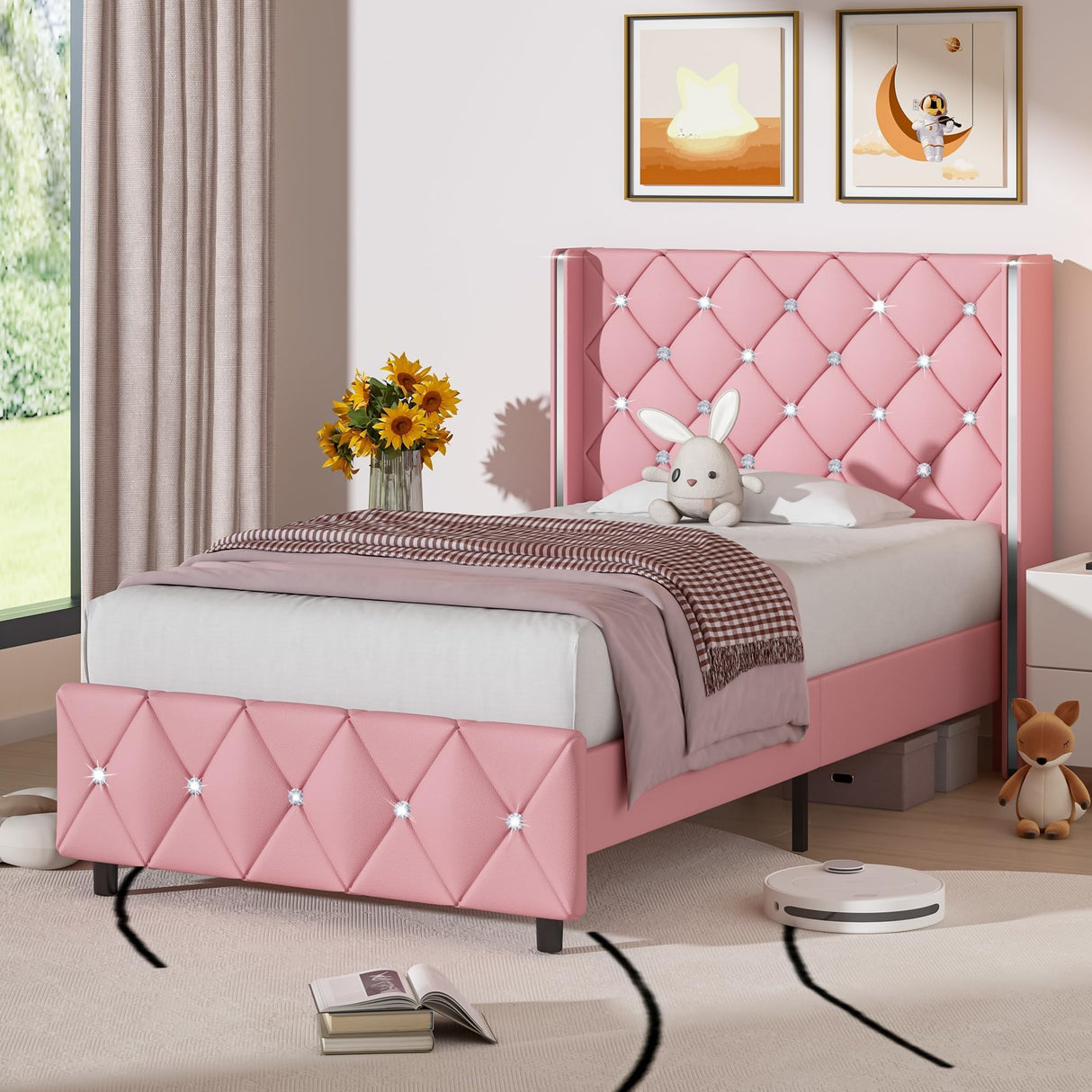 HOMBCK Twin Bed Frame, Upholstered Bed Frame with Diamond Tufted Headboard, Twin Bed Frames for Girls, Cute Princess Bed, Faux Leather, Wooden Slats Support, No Box Spring Needed, Pink HOMBCK