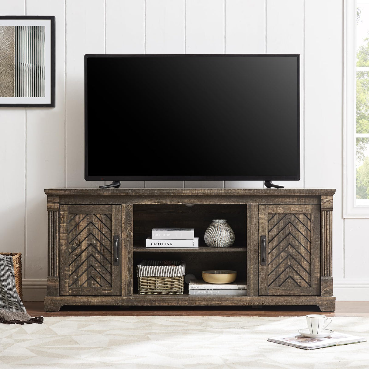 Minifeel Farmhouse TV Stand for 65+ Inch TV, 25" Tall Entertainment Center with Barn Door, Rustic TV Stands for Bedroom with Adjustable Shelf, Wooden TV Consoles for Living Room, Dark Rustic Oak Minifeel