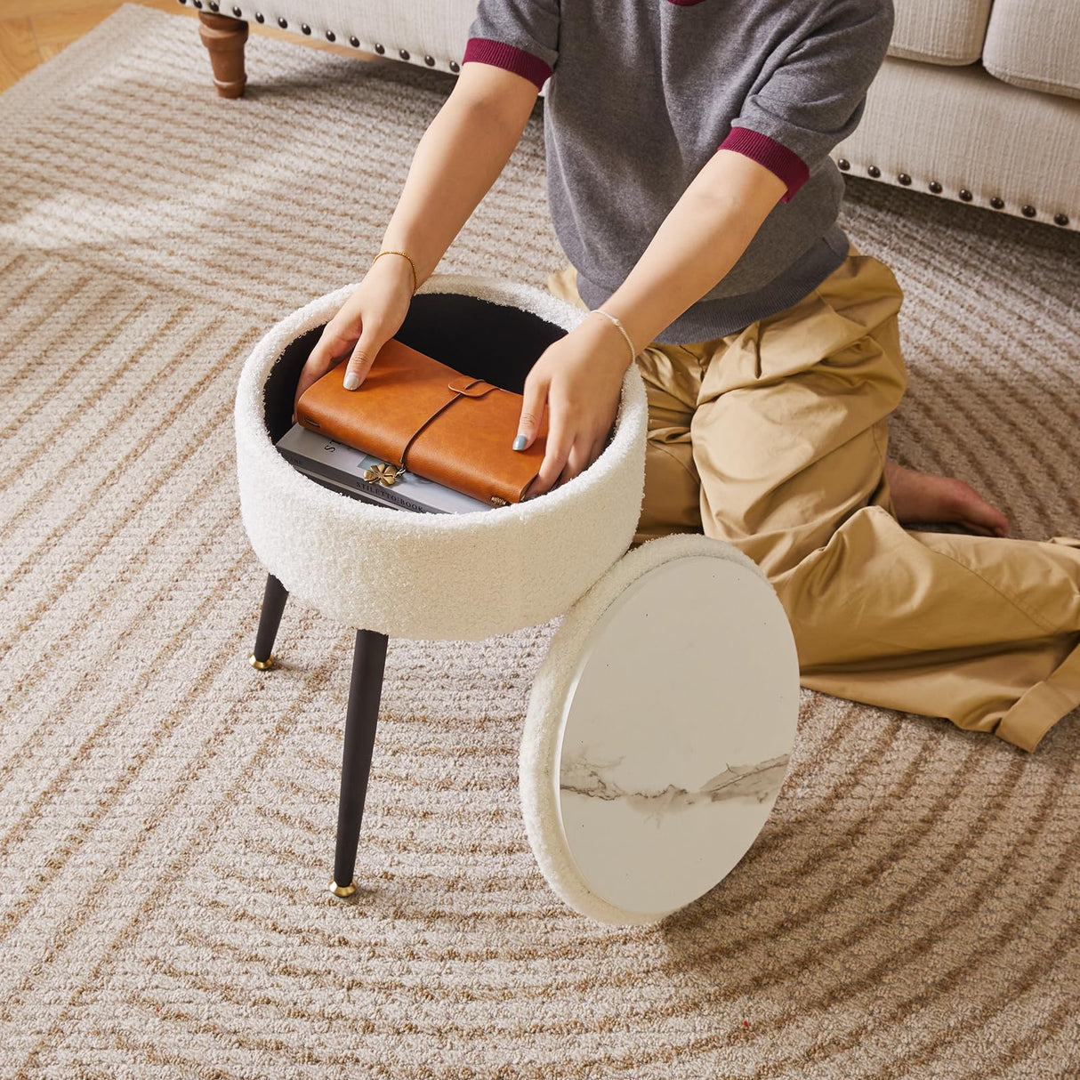 Aibiju White Ottoman with Storage Faux Teddy Fur, Round Storage Ottoman for Vanity, 13" D x 18" H Foot Stools Ottoman with 4 Metal Legs, Mushroom Stool for Makeup Living Room Warm White YD-RMS137W Aibiju