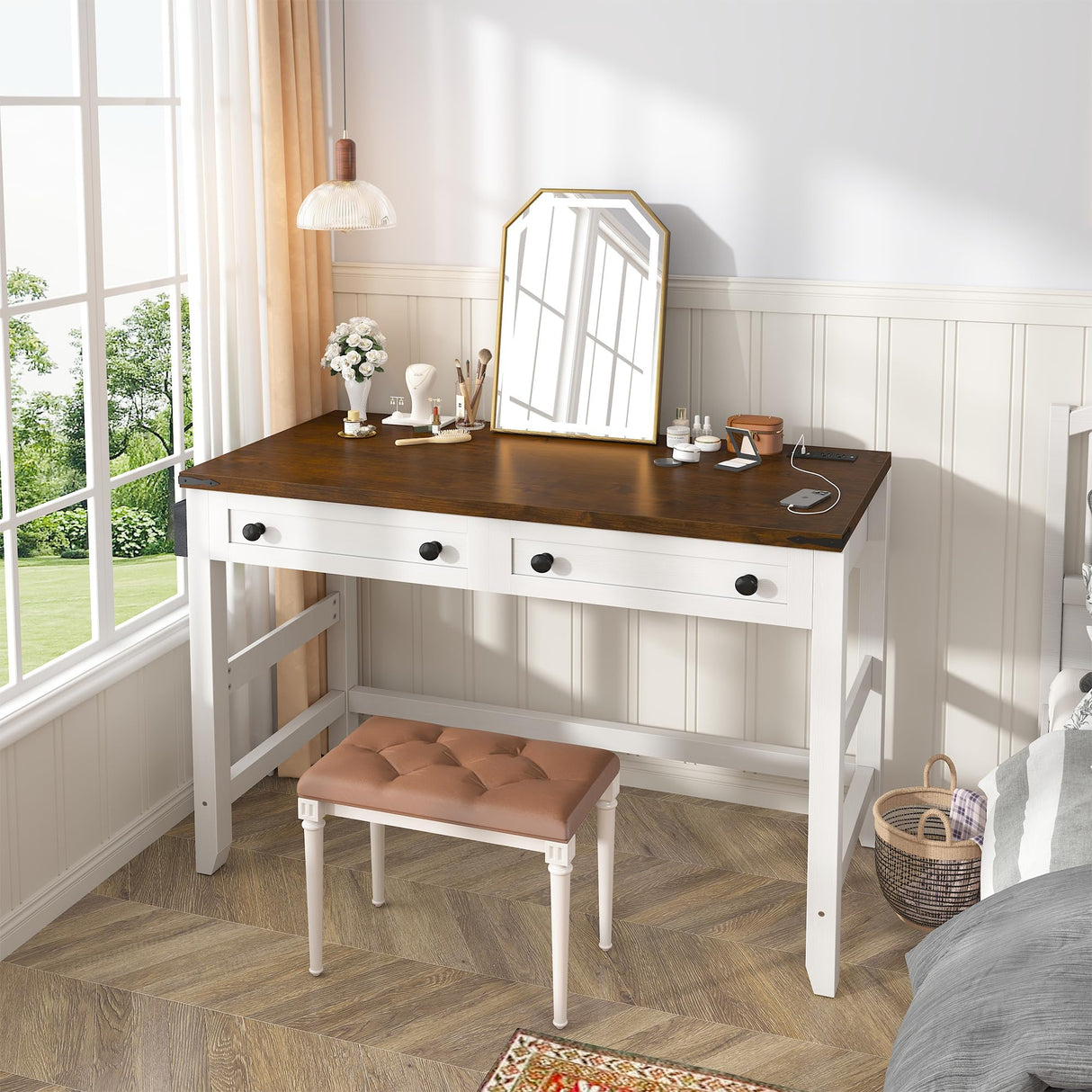 EnHomee Desk with Drawers & Power Outlets, Computer Desk for Home Office, Bedroom, Small Desk with a Side Pocket, 31.5" Writing Desk, Study Desk, Brown+White EnHomee