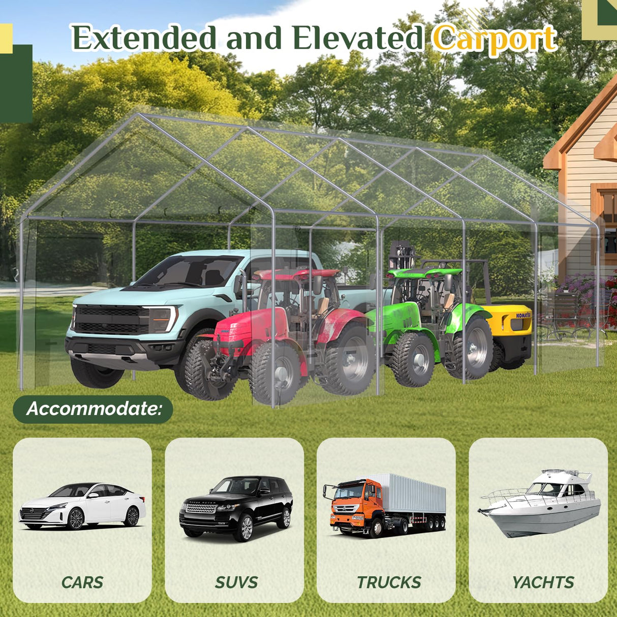 EROMMY 12' x 24' Heavy Duty Carport,Portable Garage with UV Protection & Steel Frame, Car Port with Removable Sidewalls, All-Season Car Canopy for Tractor, Truck, Boat, White EROMMY