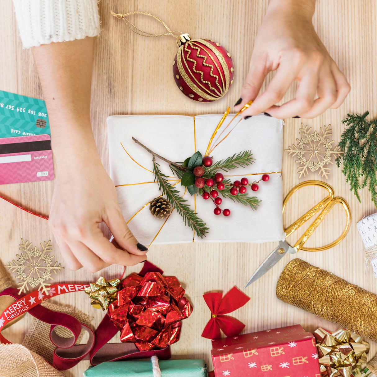 3 Rolls Christmas Decorative String Metallic Bakers String Wrapping Twine Strings Metallic Ornament Thread Glitter Strings for DIY Crafting Christmas Decor Gift Wrapping-Red/Gold/Silver DSLSQD