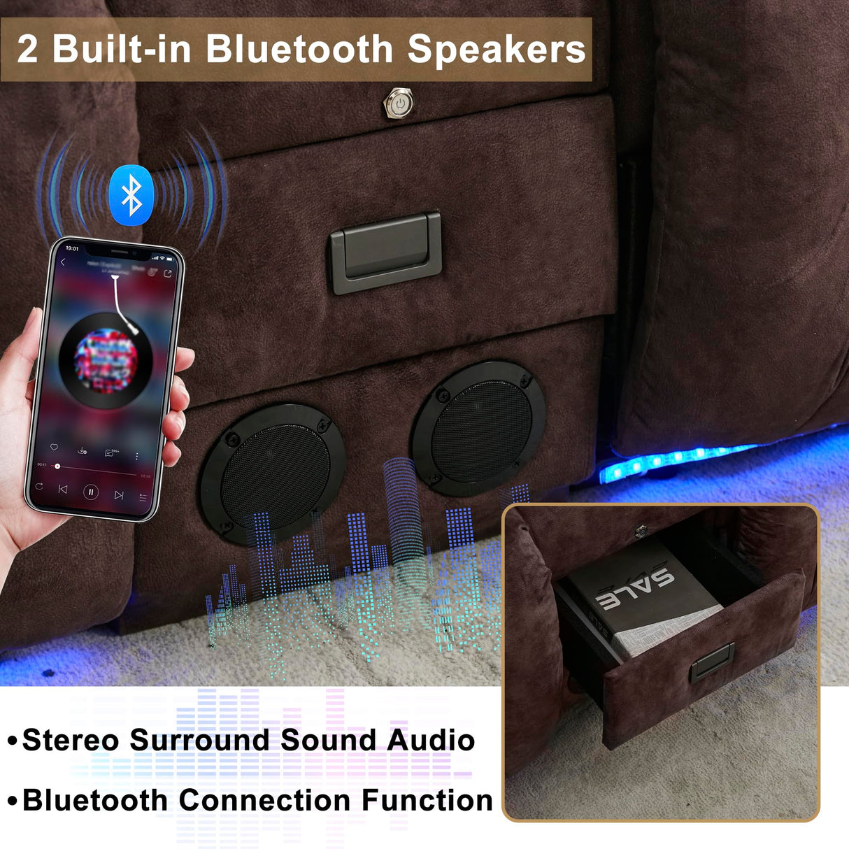 URRED Power Reclining Loveseat Sofa with Console, RV Couch Loveseat Recliner Sofa with Massage & Heat, LED Light, Cupholders, Bluetooth Speakers, USB Charge Ports, Outlets, Velvet, Brown URRED