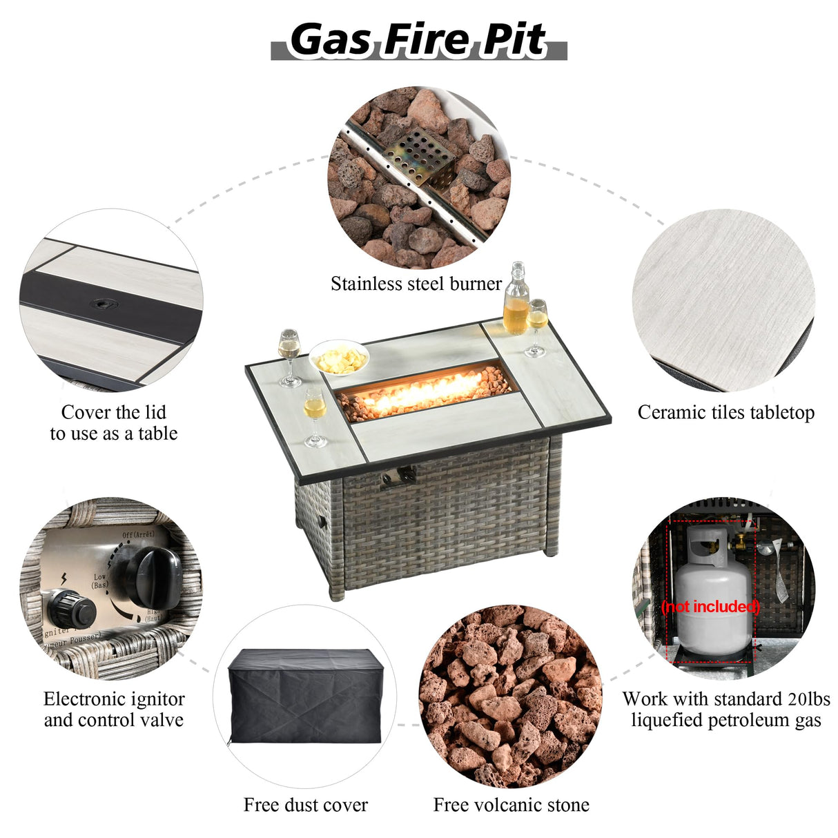 HOOOWOOO 13 Piece Modular Patio Outdoor Sectional Furniture Set with Gas Propane Fire Pit Table,Wicker Conversation Sofa Set,Out Door Couch Set with Wide Arm Outside(Grey Stripes) HOOOWOOO