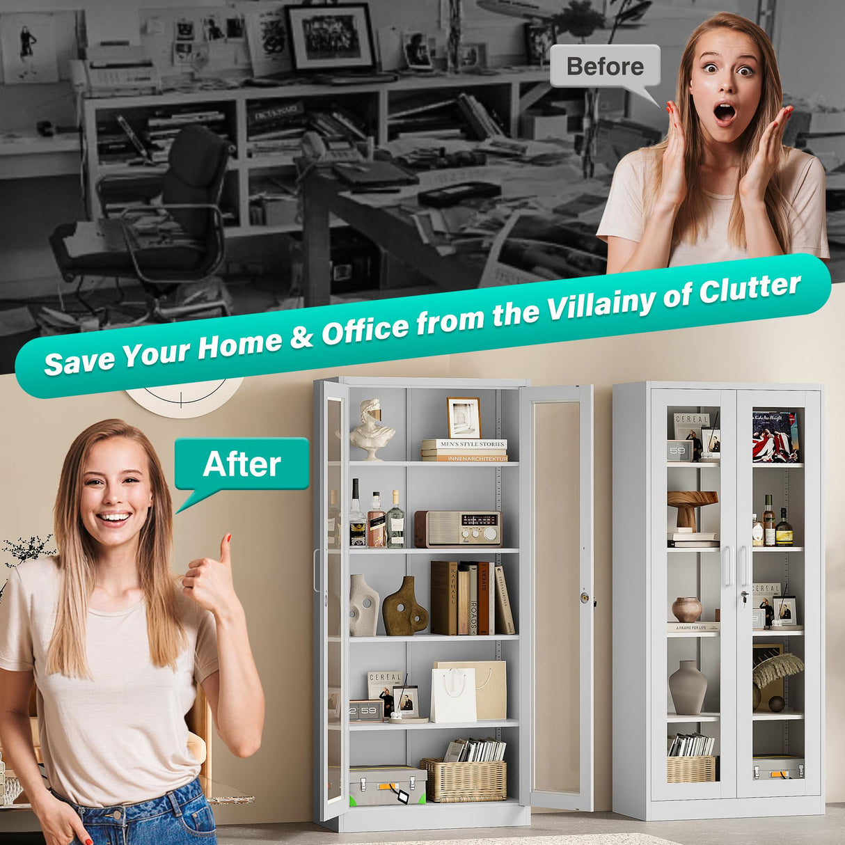 Metal Storage Cabinet with Lock and Glass Doors,Glass Display Cabinet,67" Tall White Storage Cabinets,Locking Curio Cabinets with 5 Shelves for Collectibles,Home,Office,Living Room SISESOL