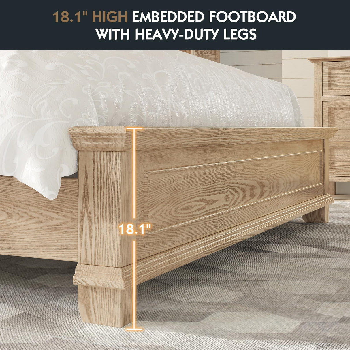 YUMPIE Rustic Solid Wood King Bed Frame with 68" Tall Headboard, Chenille Upholstered Farmhouse Panel Platform Bed Mattress Frame, Button Tufted/Antique Brass Nail Trim/No Box Spring Needed, Milk Ash YUMPIE