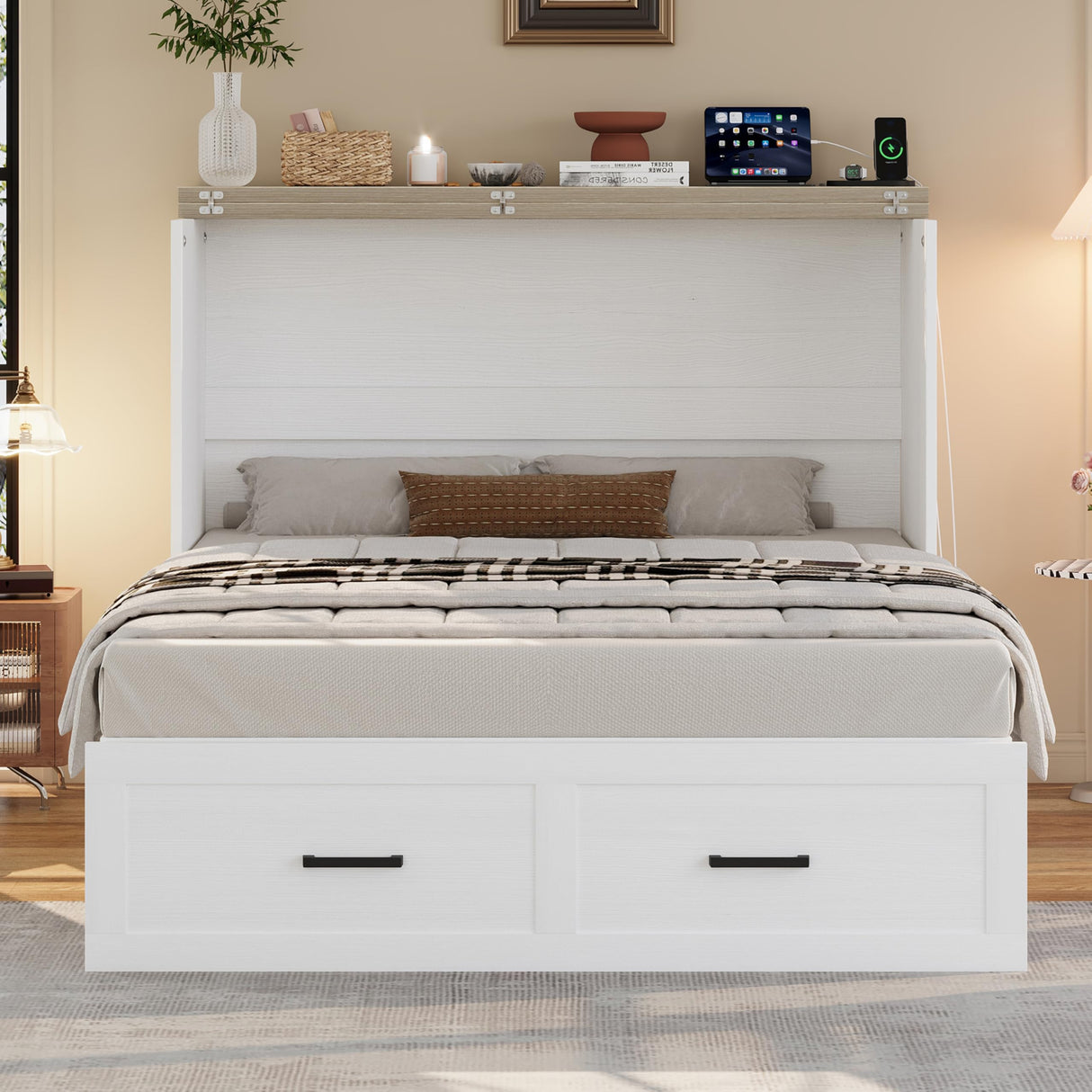Ball & Cast Murphy Bed Full Size with Charging Station,Farmhouse Murphy Cabinet with Large Storage Drawer,Hideaway Bed Foldable Platform Bed for Guest Room, Apartment, White Ball & Cast