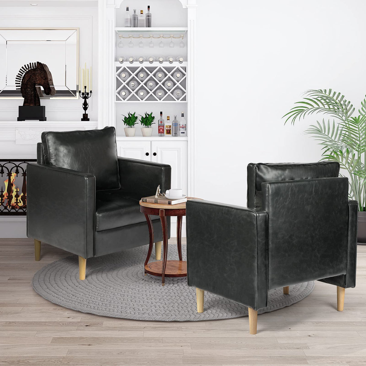 STHOUYN Black Faux Leather Accent Chairs Set of 2 Small Living Room Bedroom Chairs, Comfy Reading Chair Single Sofa for Adults, Suitable Small Spaces Office Couch, Easy Assembly STHOUYN