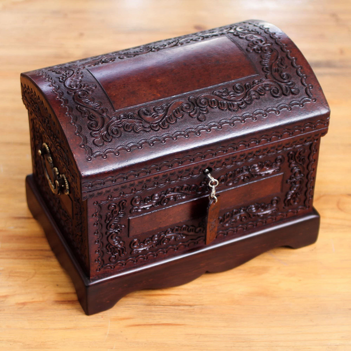 NOVICA Colonial Wood And Leather Jewelry Box, Brown 'Colonial Treasure' NOVICA