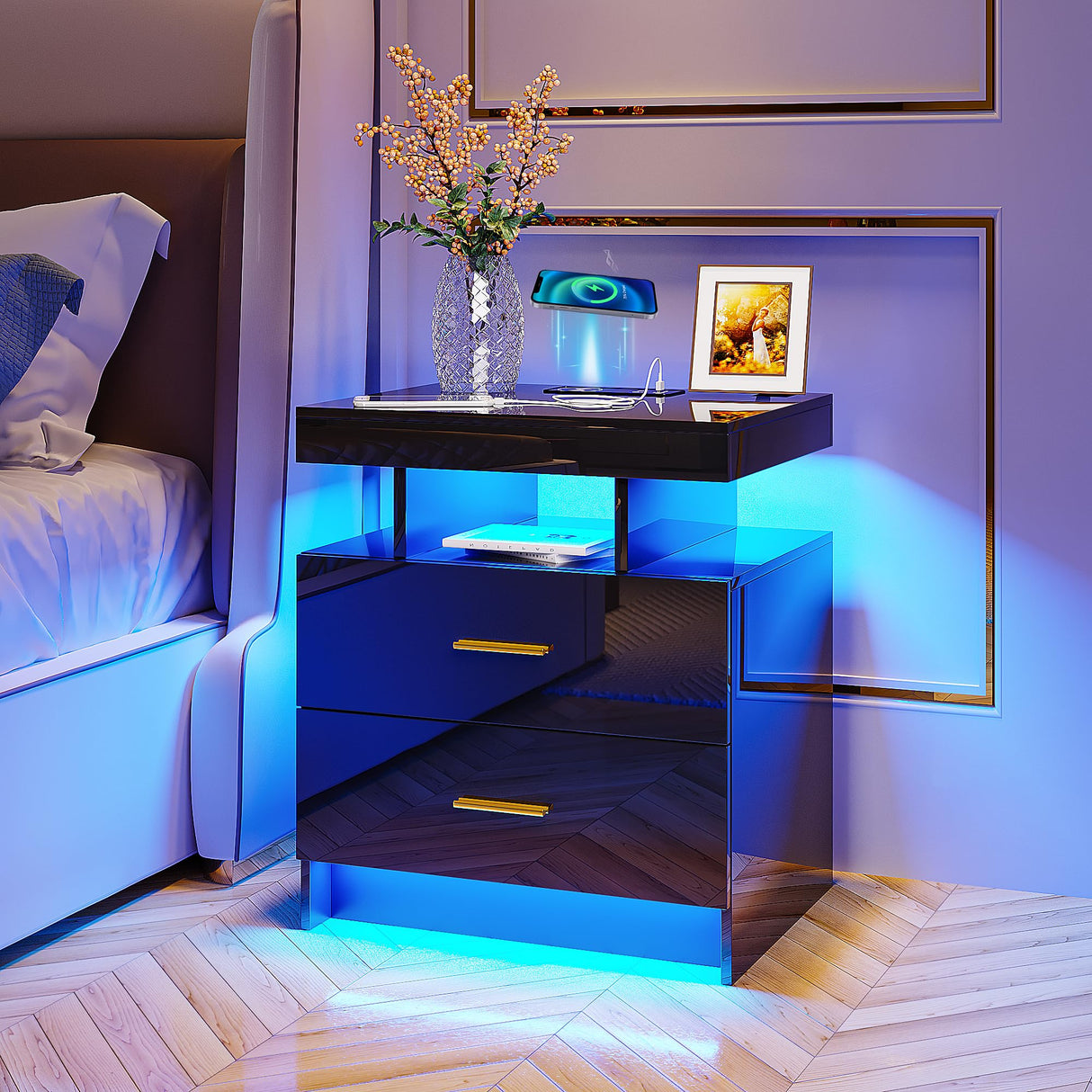 HNEBC Auto LED Nightstand with Wireless Charging Station & USB Ports,High Gloss Bedside Tables with 2 Drawers,Floating Nightstand with 3 Color & Adjustable Brightness Embedded LED Light Strip HNEBC