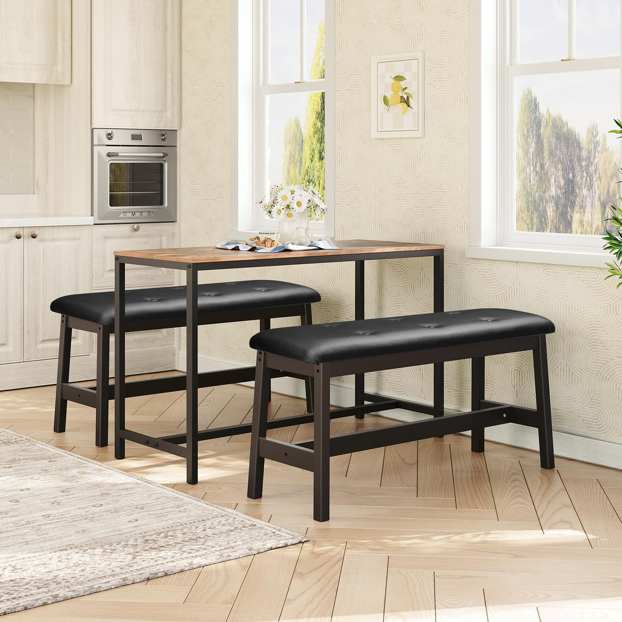 HOOBRO Dining Bench, Bamboo Dining Room Bench with PU Leather Upholstered Seat, for Kitchen, Living Room, Hallway, Kitchen, Entryway, Brown and Black CB13CD01 HOOBRO