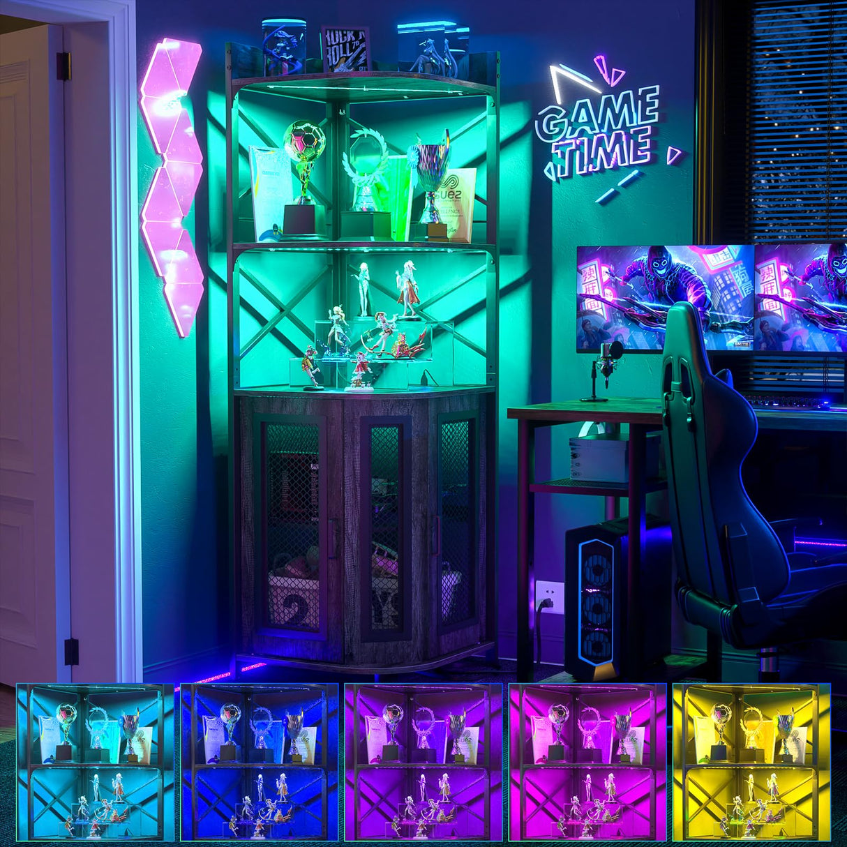 Aheaplus Corner Bar Cabinet with Power Outlet, Industrial Wine Cabinet with LED Strip and Glass Holder, 5-Tiers Liquor Cabinet Bar Unit for Home, Corner Display Cabinet for Small Space, Grey Oak Aheaplus