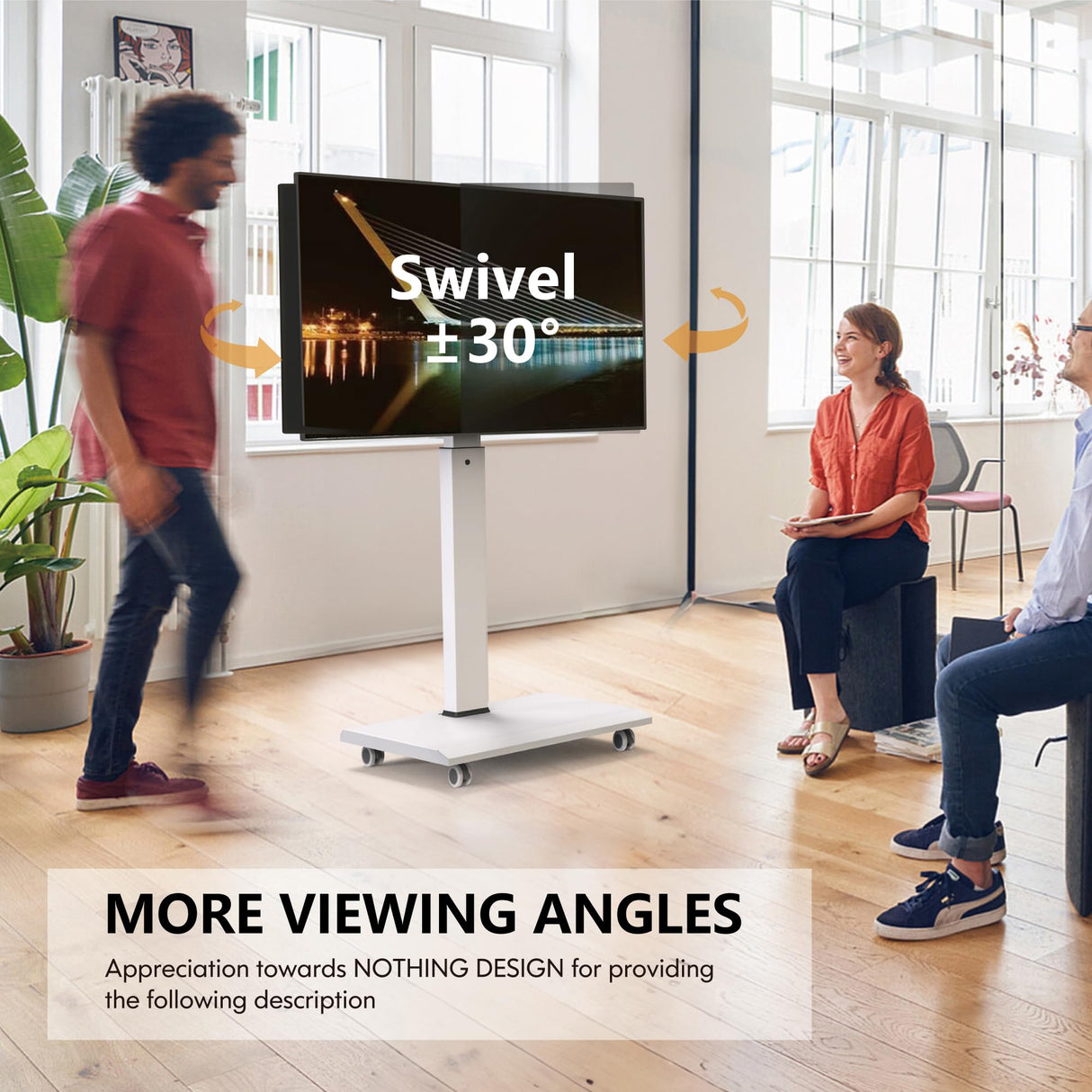 FITUEYES Rolling TV Stand - Portable Mobile TV Cart on Wheels for 32 to 65 70 75 Inch TVs, Landscape to Portrait Rotating and 40°Swivel, Height Adjustable TV Cart Rolling TV Stand Hold Up to 88 Lbs FITUEYES