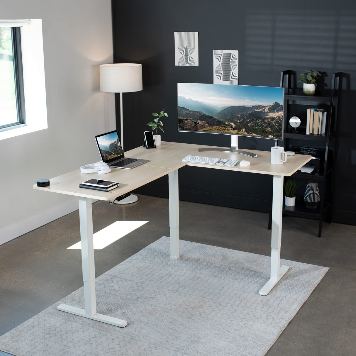 VIVO Electric Height Adjustable 63 x 55 inch Corner Stand Up Desk, Light Wood Table Top, White Frame, L-Shaped Standing Workstation, 3CT Series, DESK-E3CTC VIVO
