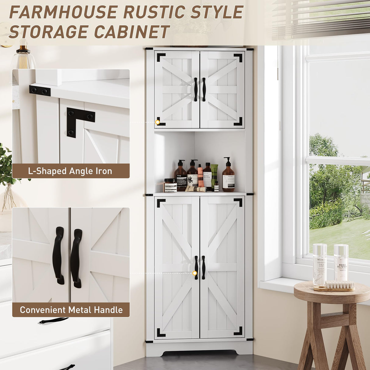 Maupvit 68" Tall Corner Cabinet with 4 Barn Doors & Adjustable Shelves, Farmhouse Bathroom Cabinet with Storage, Home Space Saver Corner Display Shelves for Living Room, Kitchen, Bathroom, White Maupvit