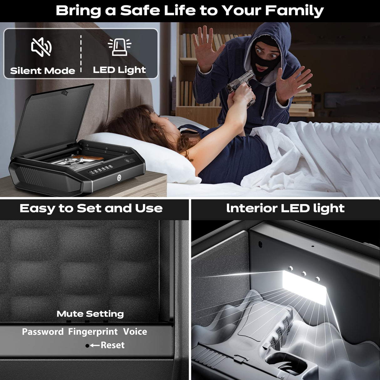 Gun Safe with LCD Display, ≤0.1s Quick Access Handgun Safe for 2-4 Pistols, Hand Gun Lock Box with Fingerprint | Keypad | and Keys for Home Drawer Bedside Nightstand TOPMEDA