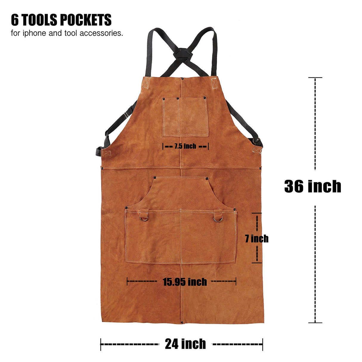 QeeLink Leather Work Shop Apron with 6 Tool Pockets Heat & Flame Resistant Heavy Duty Welding Apron, 24" x 36", Adjustable M to XXL for Men & Women (Brown - Deluxe Edition) QeeLink