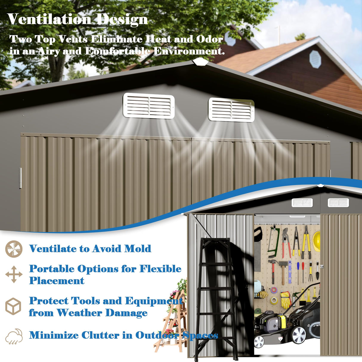 TIMWNER Large Storage Shed, 10' × 8' FT Metal Storage Shed with Lockable Door, Waterproof Shed Outdoor Use, Tool Shed with Windows for Bike, Garden, Brown TIMWNER