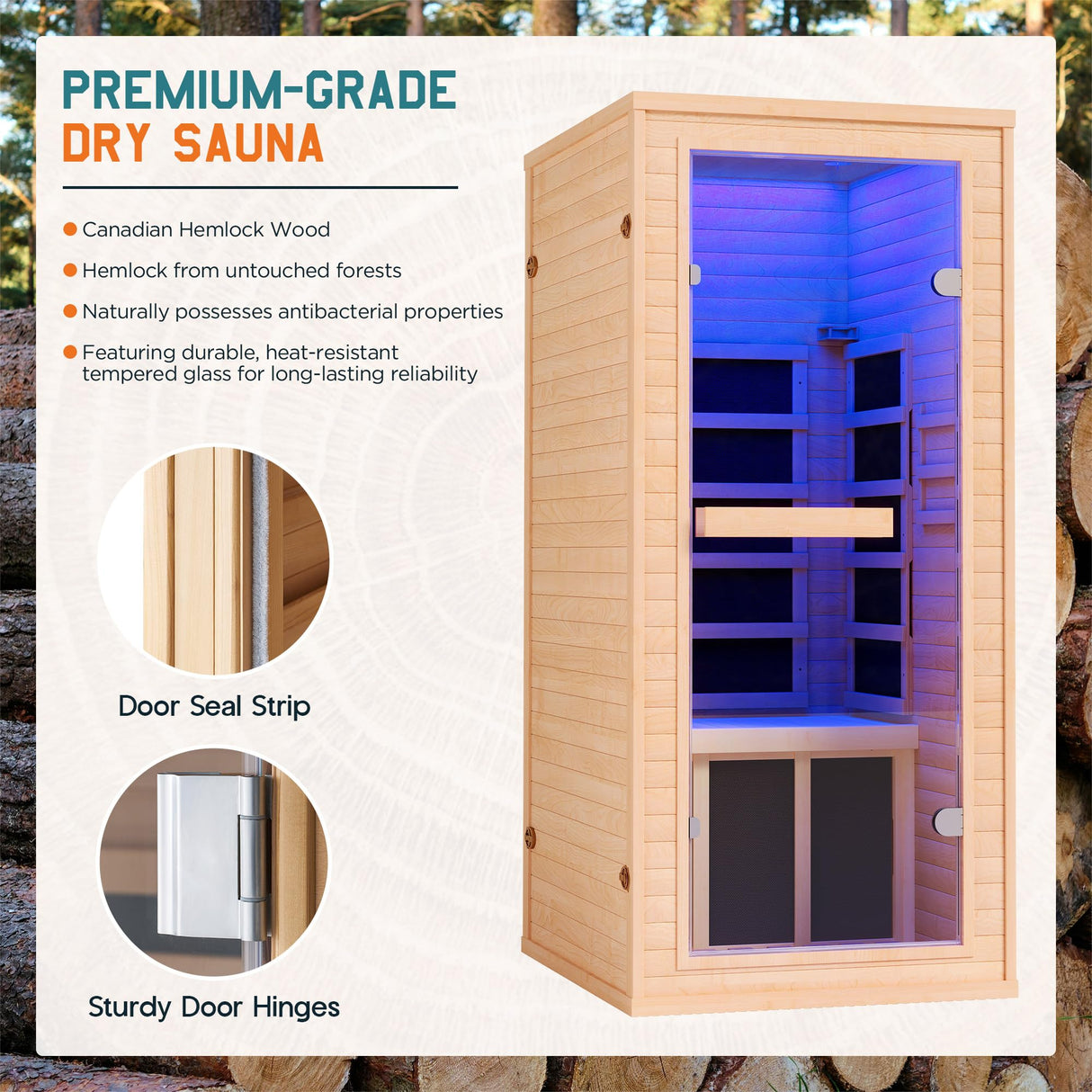 Albott Infrared Sauna 1 Person, Infrared Saunas for Home, 930W/110V Hemlock Wood Dry Sauna with Tourmaline Stone Foot Warmer, 7-Color Light Therapy, 2 Bluetooth Speakers, 27.2"x32.3"x61" Albott