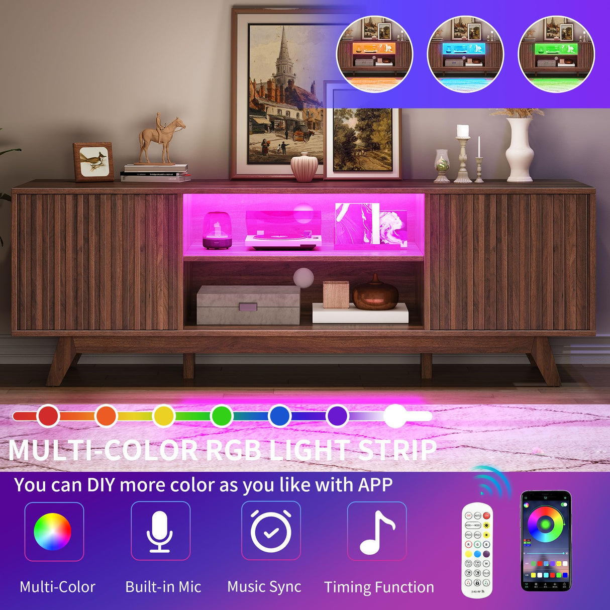 DWVO LED TV Stand, Fluted Entertainment Center for 65 Inch TV, Mid Century Modern TV Cabinet with Adjustable Shelves, Media Console Table for Living Room, Walnut DWVO