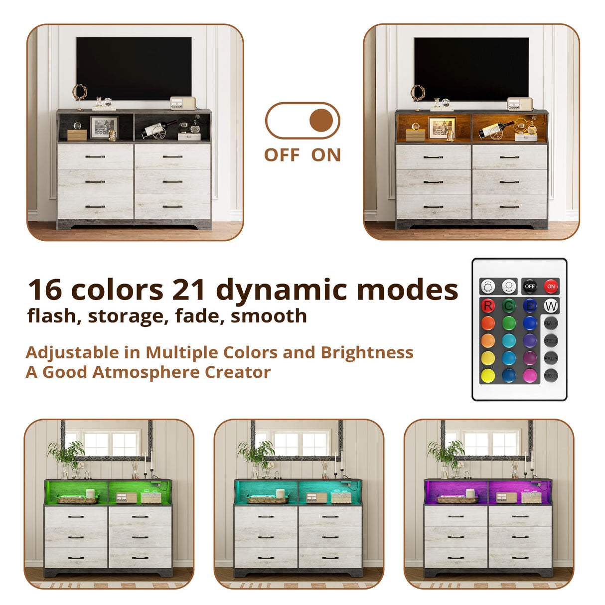 LIKIMIO 6 Drawer Dressers & Chests of Drawers for Bedroom, LED & USB Charging Modern Long Storage Cabinet, Mid-Century Tall Farmhouse Organizer Closet, Living Room Chest, Hallway, Rustic Wood LIKIMIO