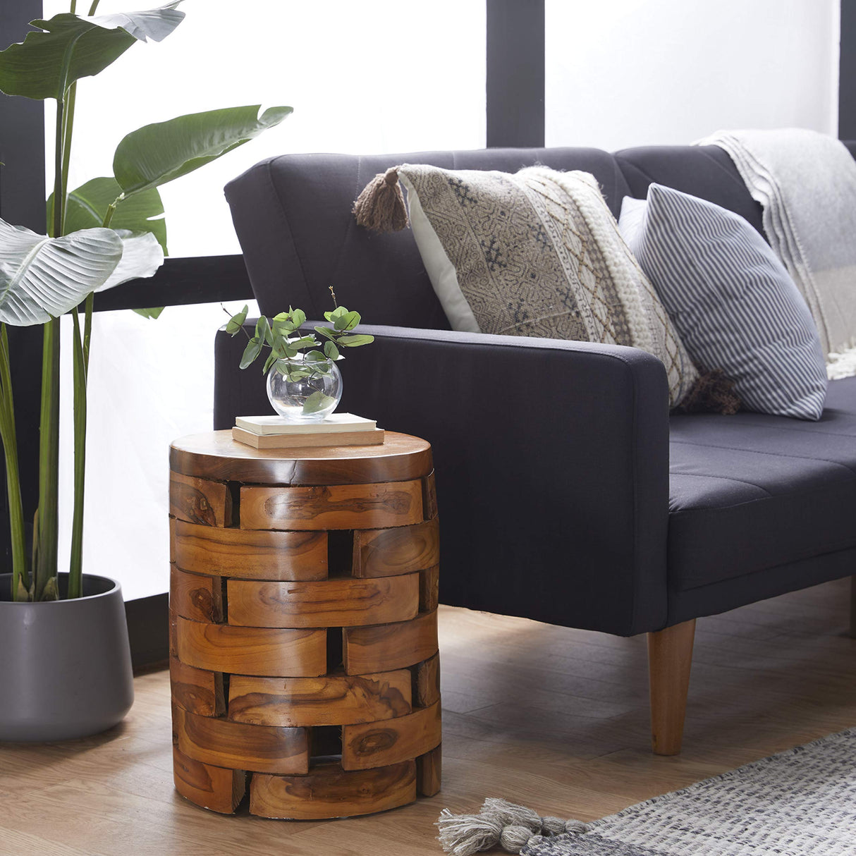 Deco 79 Teak Wood Handmade Side End Accent Table Live Edge End Table with Brick Inspired Design, Side Table 14" x 14" x 18", Light Brown Deco 79