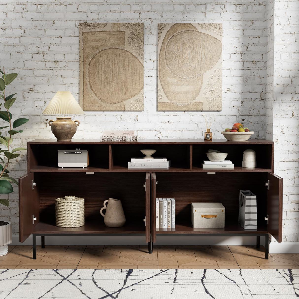 UEV Mid Century Modern Sideboard Buffet Cabinet with Storage, 61.4'' Fluted Sideboard Cabinet,Wood Buffet Cabinet with Metal Legs,Accent Credenza Storage Cabinet with 4 Doors and Spacious Top(Walnut) UEV