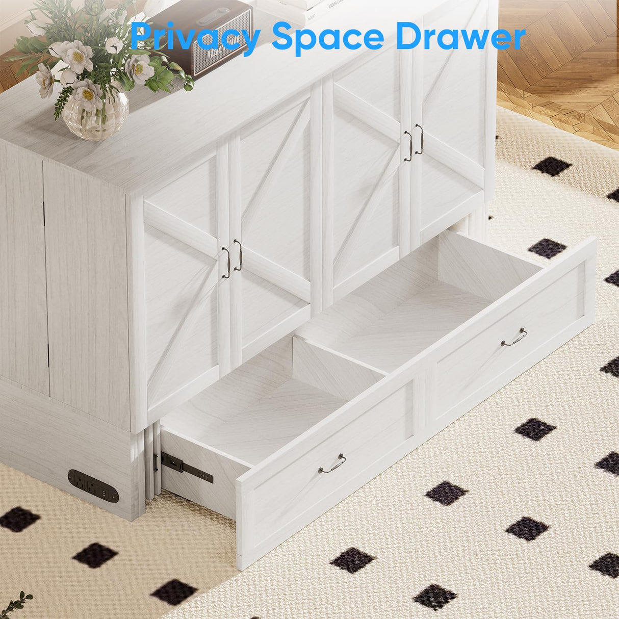 PUREMIND Queen Murphy Bed Cabinet with Mattress Included, Bedroom Cabinet Beds with USB Charging Station, Murphy Chest Bed with Storage Drawers, Horizontal Wallbed for Guest Room White PUREMIND