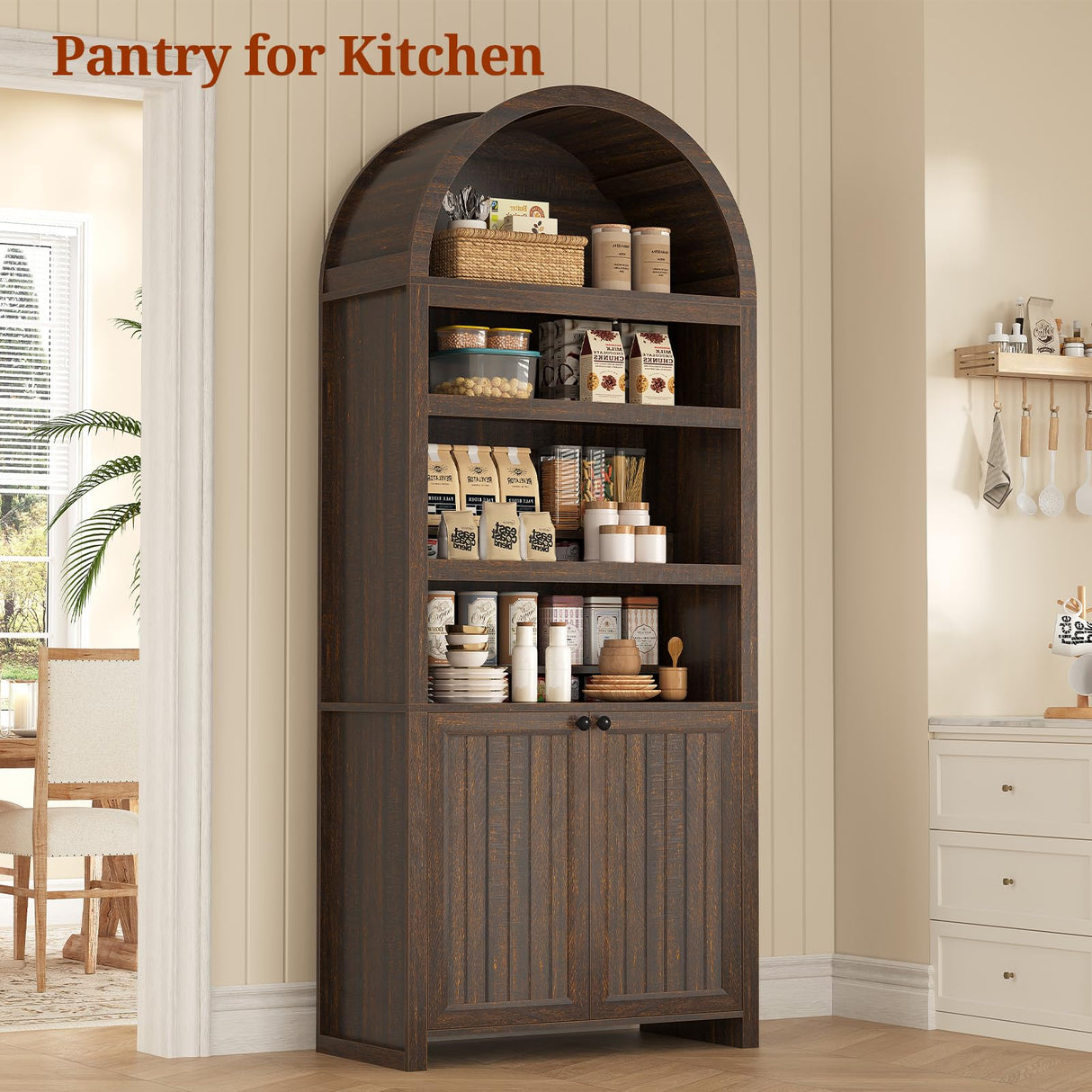 81" Tall Arched Cabinets,Bookcase with storage,Mid-Century Modern 6-Tier Bookshelf with Door,2 Book Risers and Adjustable Shelves offering more storage space for Living Room,Kitchen,Home Office,Walnut UPOSOJA