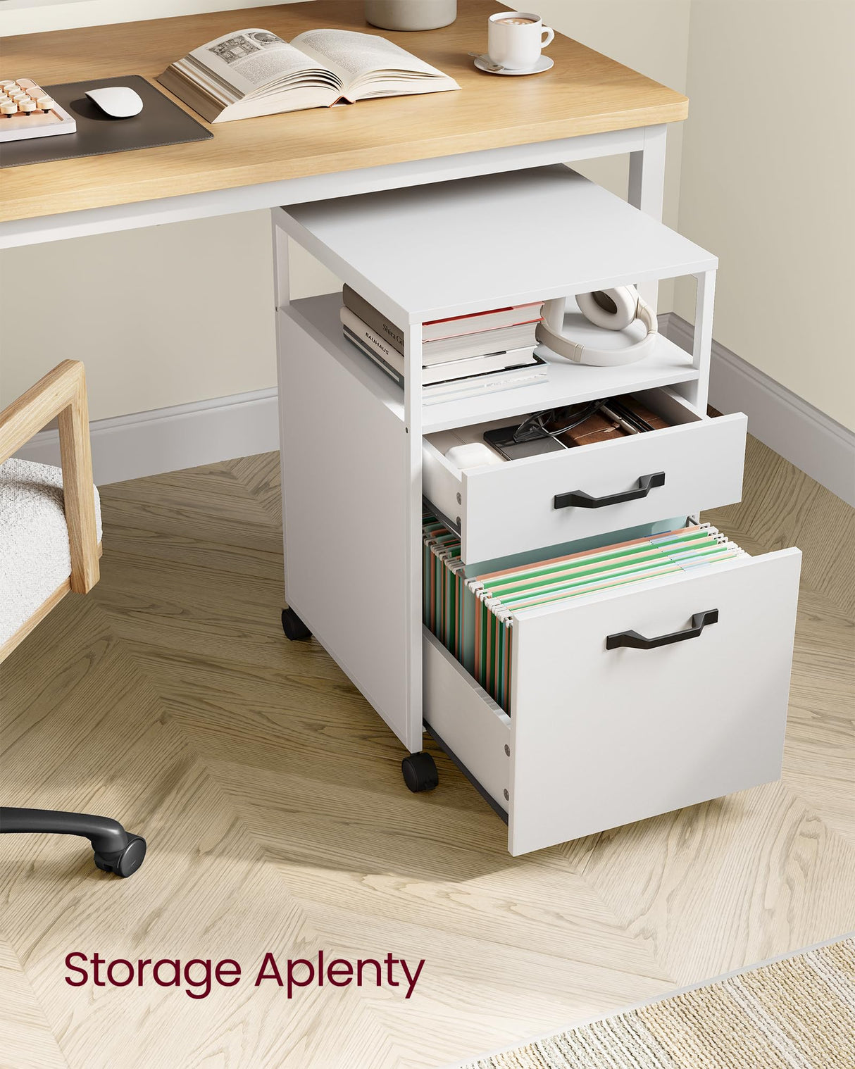 VASAGLE File Cabinet, Mobile Filing Cabinet with Wheels, 2 Drawers, Open Shelf, for A4, Letter Size, Hanging File Folders, Cloud White UOFC071W14 VASAGLE