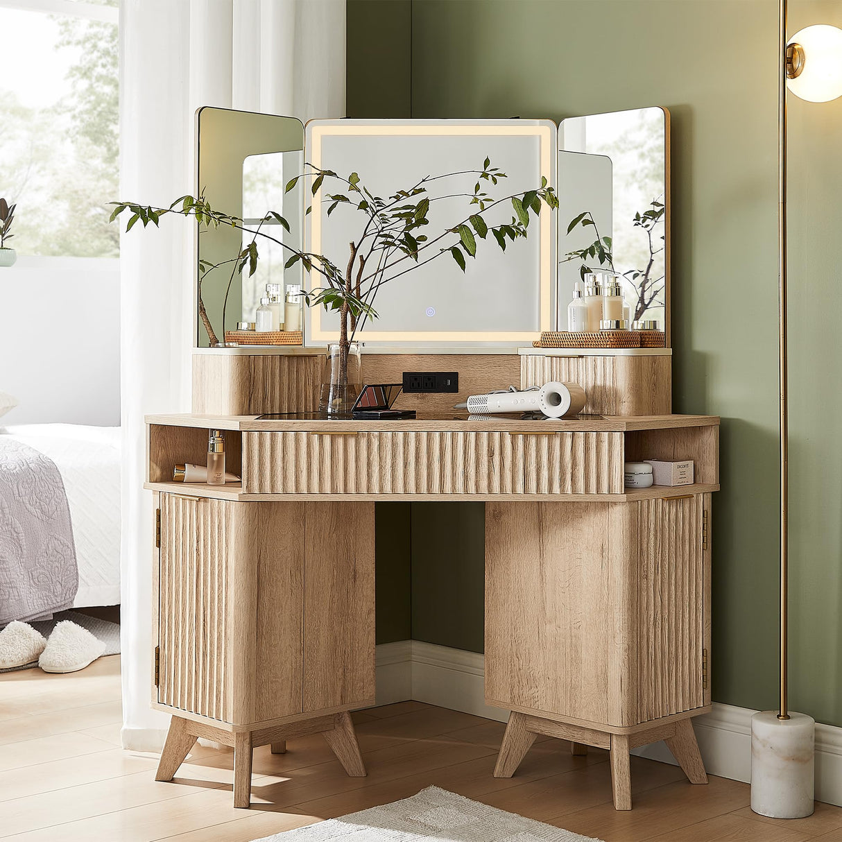 T4TREAM Fluted Makeup Vanity Desk with 3 Way Mirror and Lights, 48" Large Corner Vanity Table with Glass Top, Charging Station, 3 Drawers, Storage Cabinets & Shelves, for Bedroom, Natural Oak T4TREAM