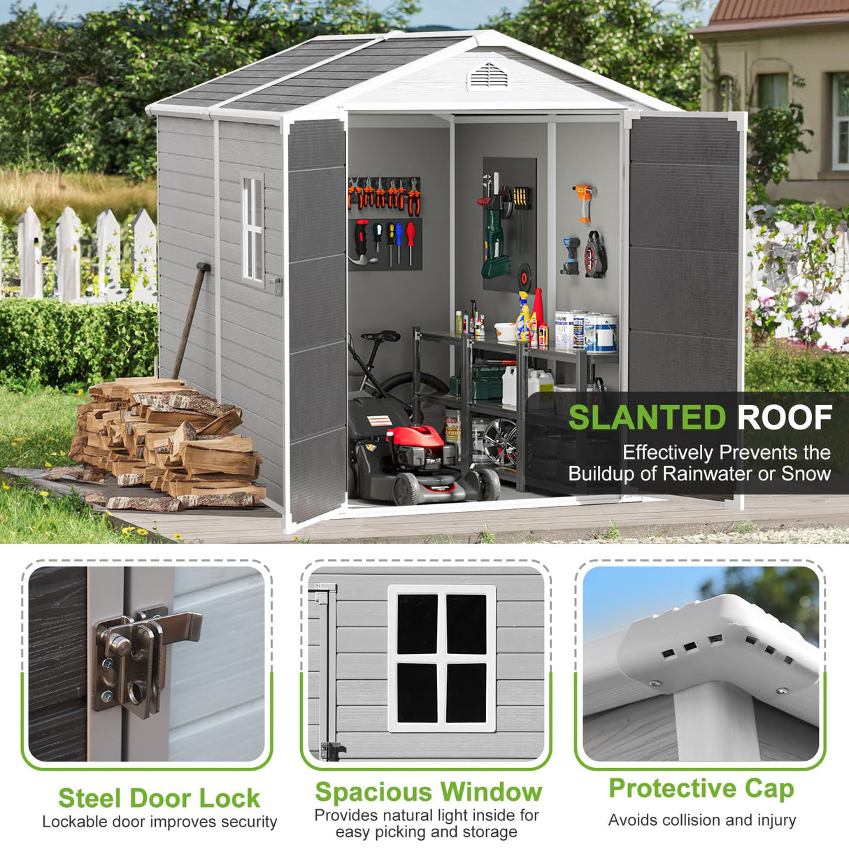 RichFire 6x8 FT Plastic Resin Shed with Floor, All-Weather Storage Sheds Outdoor with Floor and Window Easy to Install, Large Plastic Sheds & Outdoor Storage for Garden Backyard Patio, Dove Grey RichFire