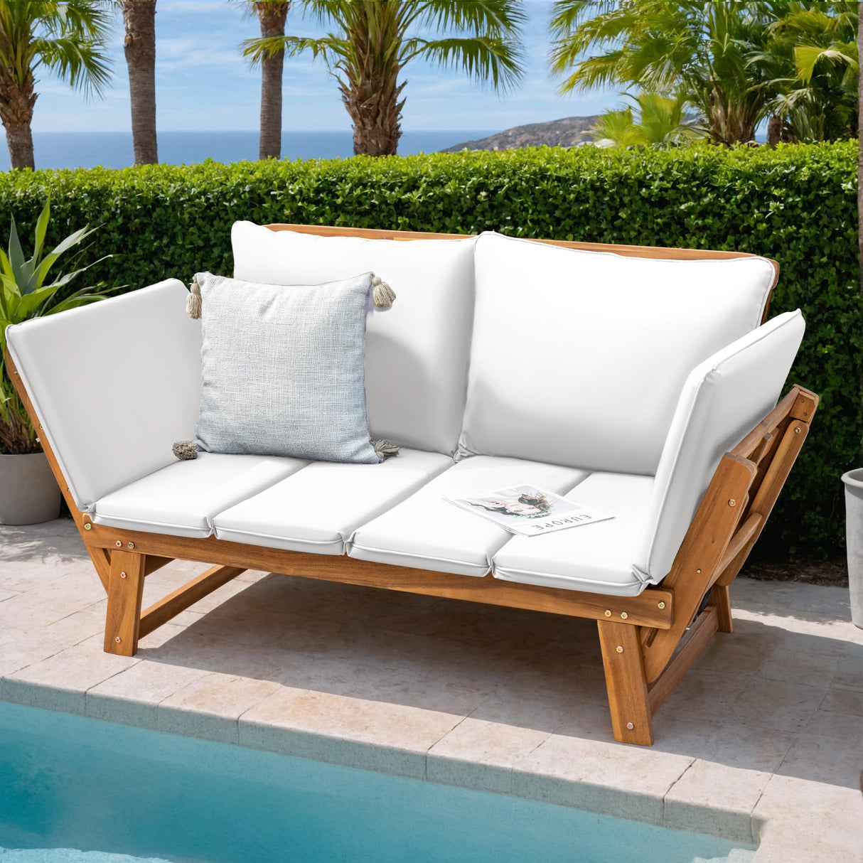Greesum Patio Convertible Couch Sofa Bed with Adjustable Armrest, Acacia Wood Outdoor Daybed with Cushion & Pillow, Folding Chaise Lounge Bench for Porch Courtyard Poolside,White Greesum