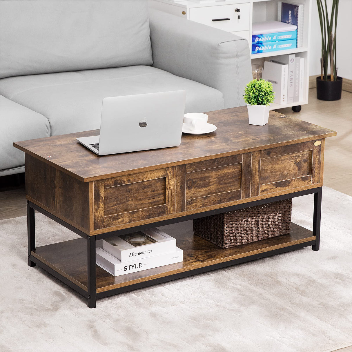 VIVOHOME Lift Top Coffee Table with Steel Frame, Dining Table with Open Storage and Hidden Compartment, Suitable for Living Room, Office, Small Apartment, Rustic Brown VIVOHOME