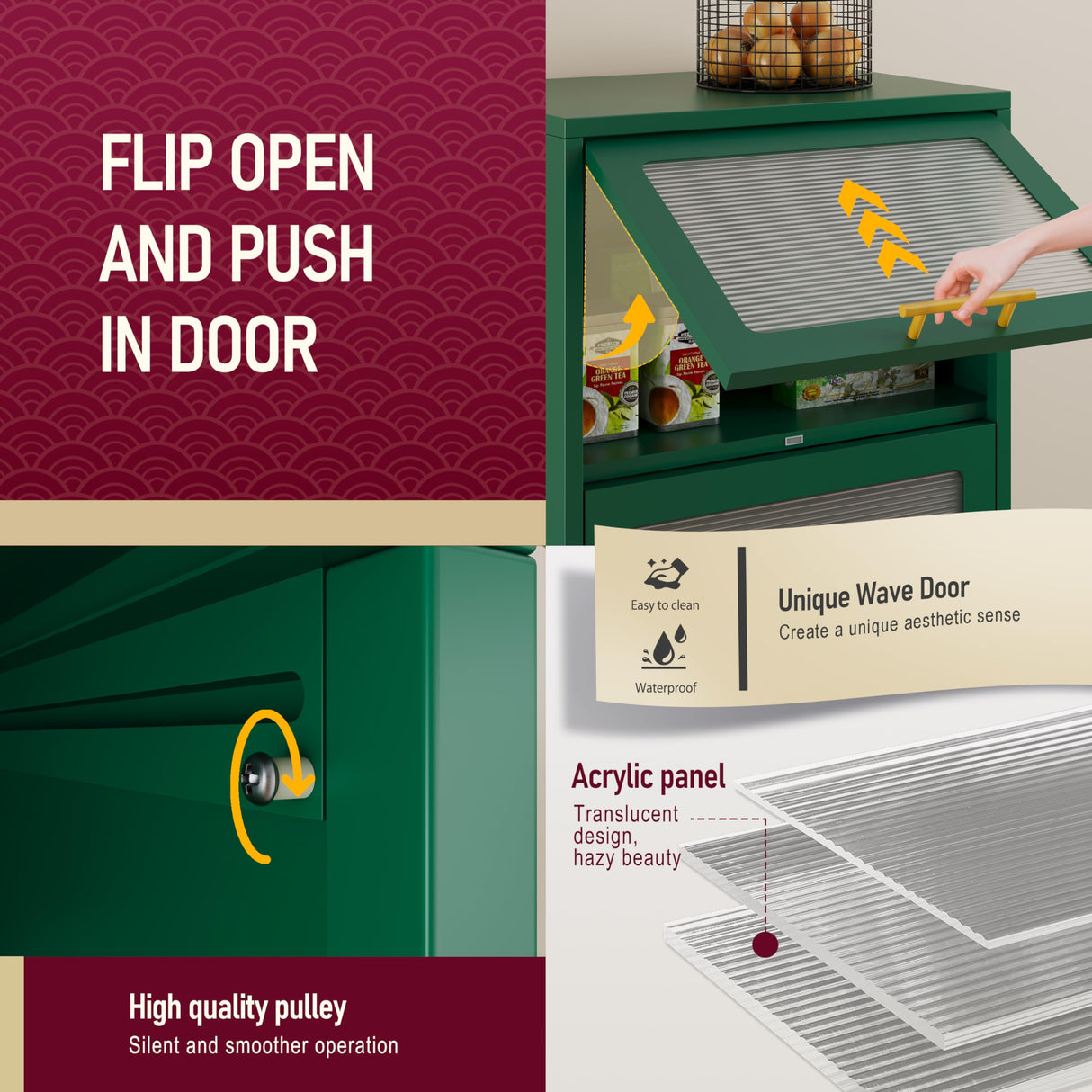 GAIOUS 5-Tier Kitchen Pantry Cabinet, Display Storage Cabinet with 4 Flip-up Acrylic Glass Doors and 1 Drawer, Green Freestanding Bakers Rack to Storage Small Microwave Spice Seasoning Bowl Cup Books GAIOUS