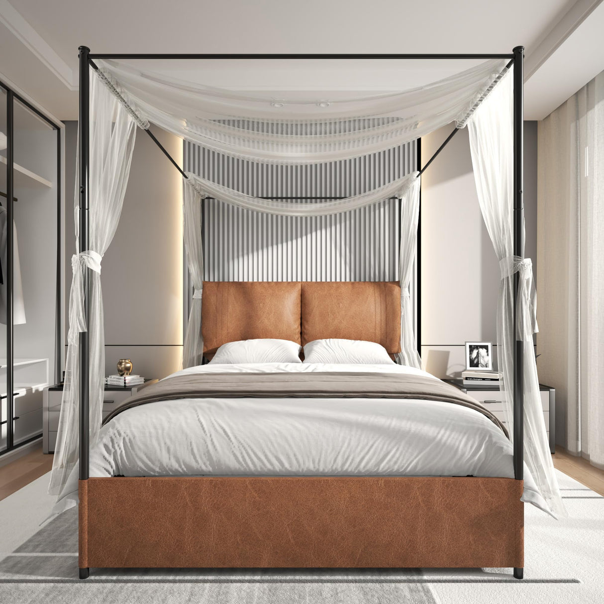 PAUKIN Canopy Bed Frame Queen Size with Upholstered Headboard, Sturdy and Stable, Easy to Assemble, Metal Bar Support, no Spring Mattress Required. (Brown, Queen) PAUKIN