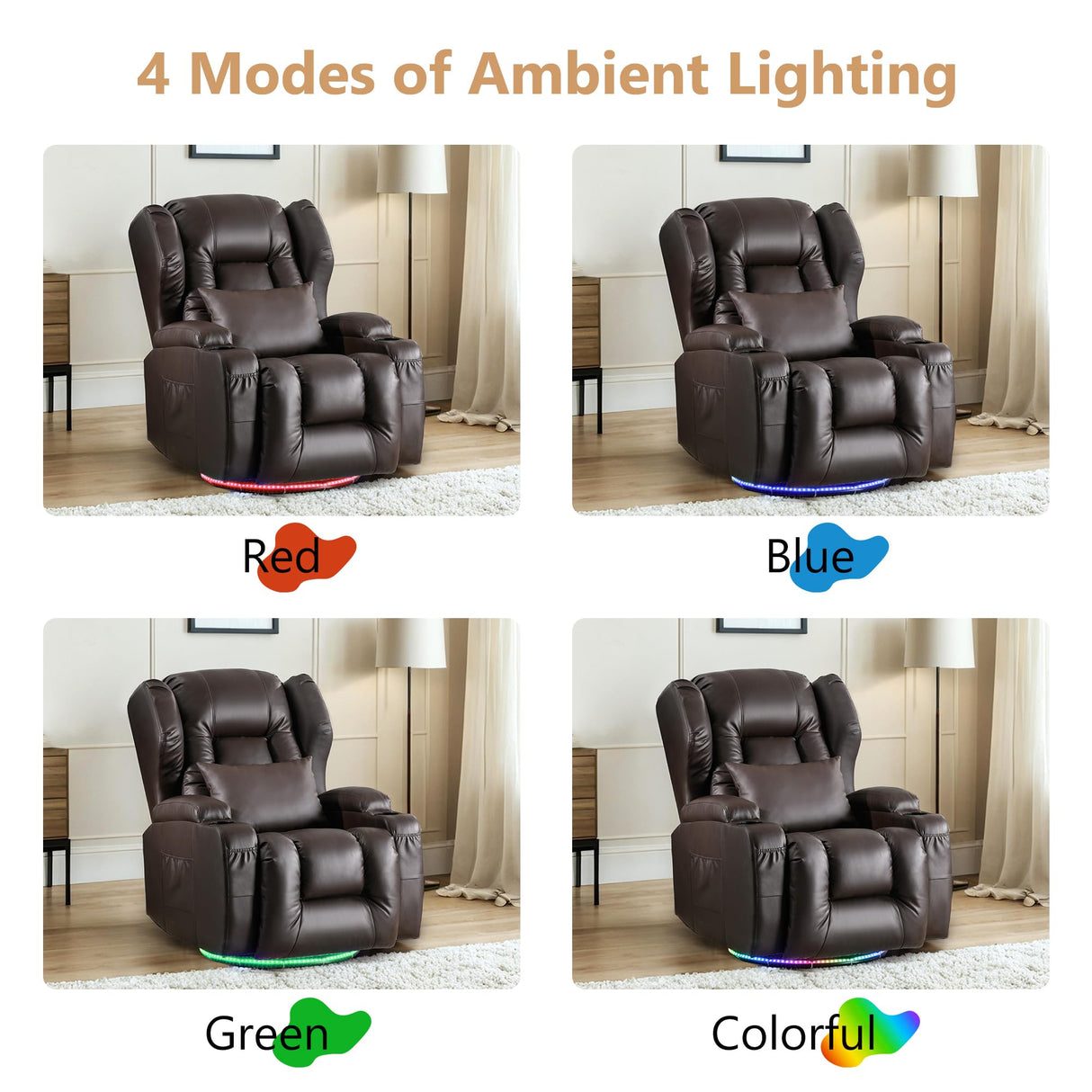 DRMBOOK Power Swivel Rocker Recliner Chairs, Electric Wall Hugger Reclining Sofa with Massage & Heat for Adults, Comfy Theater Seating Single Chair with LED Light/USB/Type-C Ports (Leather Brown) DRMBOOK