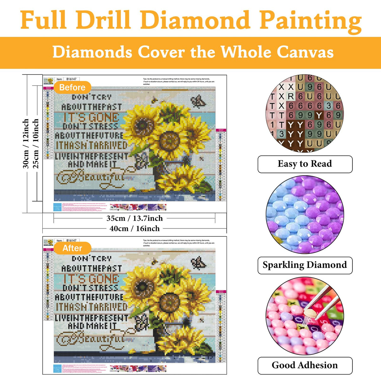 Diamond Art Kits for Adults Sunflower, DIY 5D Diamond Painting Kit for Beginners Inspirational, Inspiring Quotes Full Round Drill Gem Art Dots for Adults Home Wall Decor 16X12 Inch Okarina