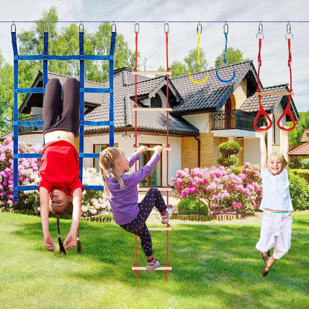 Ninja Warrior Kids Obstacle Course, 65 FT Durable Slackline with 7 Obstacles-Swings, Monkey Bars, Arm Trainers and More, Weatherproof Outdoor Obstacle Course for Backyard, Gym, Field FAHKNS